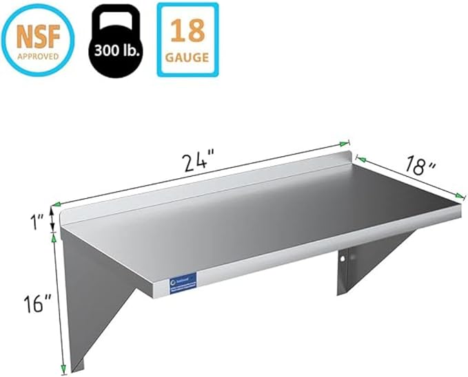 Stainless Steel Wall Shelf | Square Edge | Metal Shelving | Heavy Duty | Commercial Grade | Wall Mount | NSF Certified (18” Width x 24” Length)