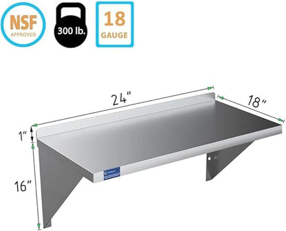 Stainless Steel Wall Shelf | Square Edge | Metal Shelving | Heavy Duty | Commercial Grade | Wall Mount | NSF Certified (18” Width x 24” Length)