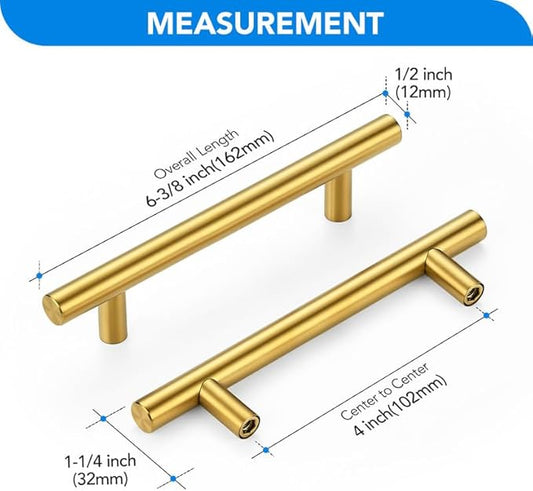 Brushed Brass Cabinet Handles 4 Inch Hole Spacing Stainless Steel Drawer Pulls for Cabinets, Dresser, Bathroom 5 Pack