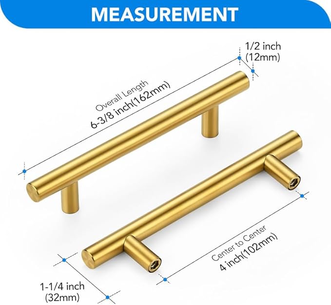 Brushed Brass Cabinet Handles 4 Inch Hole Spacing Stainless Steel Drawer Pulls for Cabinets, Dresser, Bathroom 45 Pack