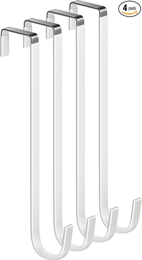 Over The Door Metal Hooks with Plastic Coating 10" Fit 0.5" to 1 3/8" Door 4 Pcs Heavy Duty Single Towel Robe Rack Wreath Bathroom Shower Hanger Shoe Organizer Ironing Board Long White