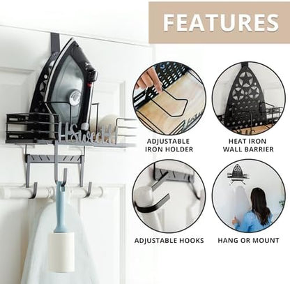 Farmhouse Ironing Board Hanger Wall Mount or Over the Door - Universal Laundry Room Ironing Board Holder Caddy with Iron Holder Shelf-Adjustable Hooks to Hold Ironing Boards Large & Small - Black