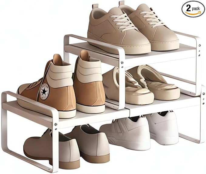 Expandable 1-Tier Metal Shoe Rack (H:7"), Adjustable Width 14.9"-23.6", Heavy-Duty Stackable Free-Standing Shoe Shelf for Closet & Entryway – 2-Pack Set