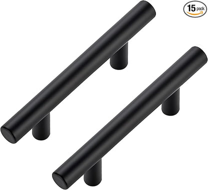 JOY DECOR 15 Pack Cabinet Handles, Black Cabinet Pulls, 3 in Hole Center Kitchen Hardware, Stainless Steel T Bar Handles for Dresser Drawers