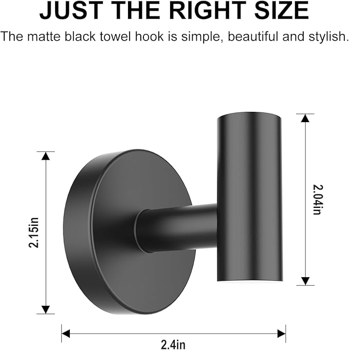 SetSail Towel Hooks for Bathrooms 6 Packs Screw-in Stainless Steel Bathroom Towel Hook Wall Mounted Matte Black Shower Towel Hooks for Coat Hanging, Drill Hole