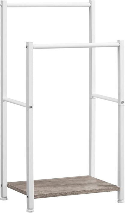 HOOBRO Free Standing Towel Rack for Bathroom, 2 Tier Blanket Rack, 16.5" L x 9.4" W x 31.5" H, Blanket Holder, Drying and Display Rack with Shelf, White and Grey WG02LB01