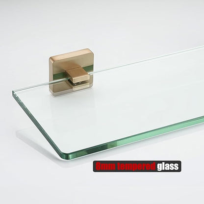 JQK Bathroom Glass Shelf, Floating Tempered Glass Shower Storage 24 by 5 inches, 304 Stainless Steel Champagne Bronze Wall Mount, TGS201L24-CB