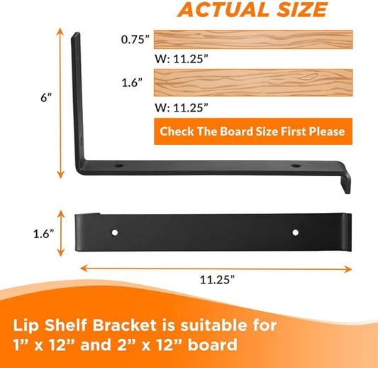 BATODA 12” Shelf Brackets with Lip (Match 11.25" Board) - 8 Pcs Z Shelf Bracket Black - Heavy Duty Hook Brackets for Shelves - Wall Mounted Support for DIY - Shelving Hardware Included (Pack 8)