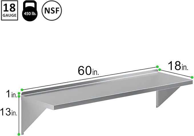 Stainless Steel Wall Shelf | Square Edge | Metal Shelving | Heavy Duty | Commercial Grade | Wall Mount | NSF Certified (18" Width x 60" Length)