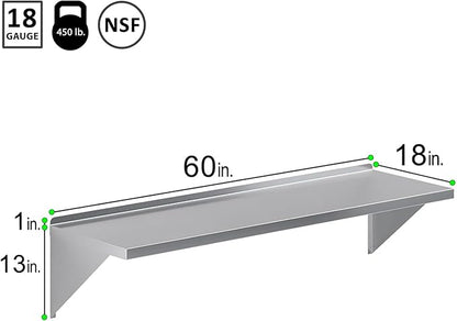 Stainless Steel Wall Shelf | Square Edge | Metal Shelving | Heavy Duty | Commercial Grade | Wall Mount | NSF Certified (18" Width x 60" Length)