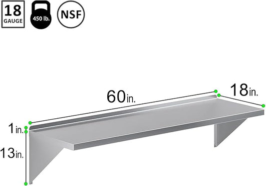 Stainless Steel Wall Shelf | Square Edge | Metal Shelving | Heavy Duty | Commercial Grade | Wall Mount | NSF Certified (18" Width x 60" Length)