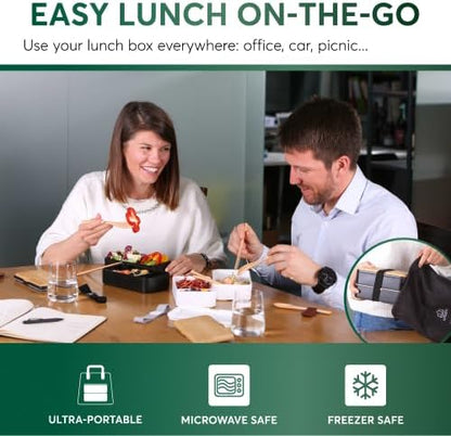 Umami Bento Box Adult All-In-1 w/4 Utensils, Big Sauce Jar, 2 Dividers, 100% Leakproof, Microwave & Dishwasher Safe Stackable Bento Lunch Box Containers for Men/Women, Black & Bamboo, 40 oz