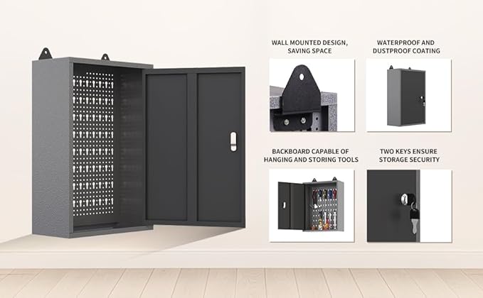 JZD Metal Storage Wall Mounted Lockable Cabinet with 22 Tool Hooks, for Garage Basement Workshop, Black & Gray