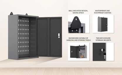 JZD Metal Storage Wall Mounted Lockable Cabinet with 22 Tool Hooks, for Garage Basement Workshop, Black & Gray