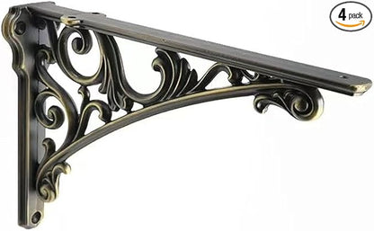 Decorative Shelf Bracket 10 inch, Brushed Antique Brass Brackets for Shelving, Heavy Duty Vintage, DIY Projects, Hardware Included, 4 Pack, 9.84x7x1.73 inch，Baroque Style