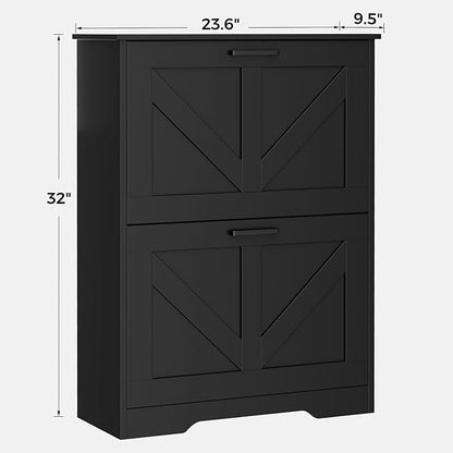 Farmhouse Shoe Cabinet for Entryway with Barn-Style Flip Drawers, Narrow Shoe Storage Organizer with Top Display Shelf, Adjustable Shelves, Shoe Rack for Hallway, Closet- (Black, 24")