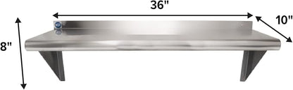 NSF Certified 18 Gauge Heavy Duty Stainless Steel Wall Shelf with Brackets for Kitchens, Utility Rooms, Storage, Offices & Home (36"x10")