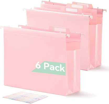 Plastic High Capacity Hanging File Folders, 4" Expansion for Bulky Documents, Side-Sealed Pocket, Holds Heavy Files, Letter Size, Movable Dividers, Insertable Tabs, 6 Pack, Pink