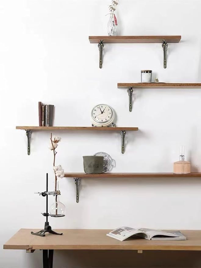 Decorative Shelf Bracket 10 inch, Brushed Antique Brass Brackets for Shelving, Heavy Duty Vintage, DIY Projects, Hardware Included, 4 Pack, 9.84x7x1.73 inch，Baroque Style