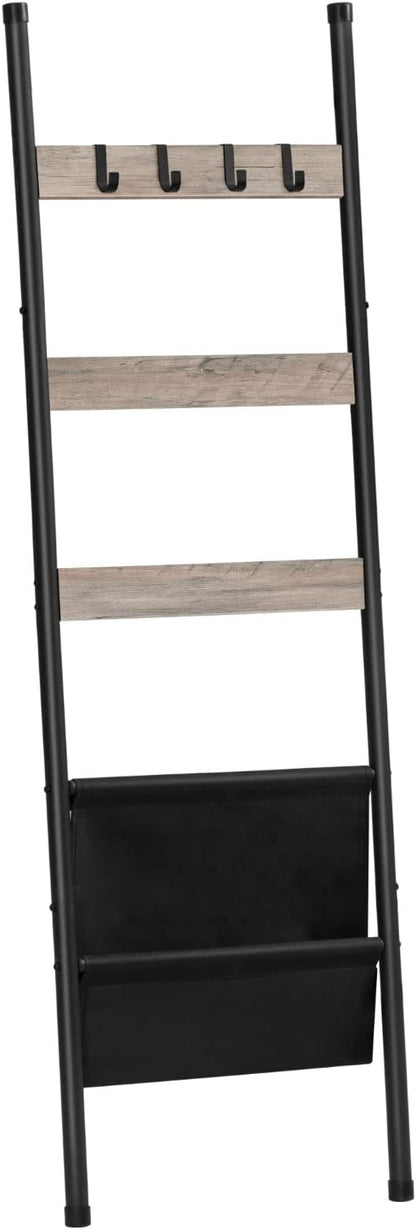 HOOBRO Blanket Ladder, 5 Tier Towel Rack, 17.3" L x 63" H, Wall-Leaning Blanket Rack for Living Room, Decorative Ladder with 4 Hooks and Magazine Pocket, Greige BG32CJ01