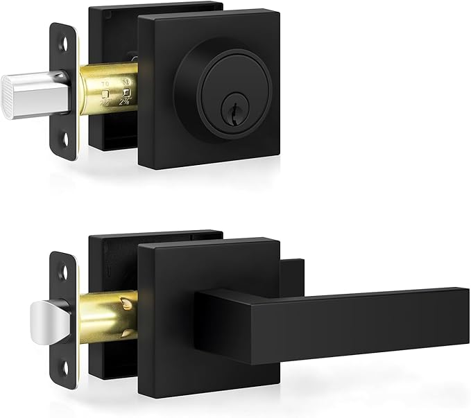Estmoon Exterior Door Handle and Deadbolt Set, Passage Door Lever and Single Cylinder Deadbolt Lock Modern Square Entry Door Lock Set Flat Black Handleset for Entrance, Front, Office Doors, 1 Pack