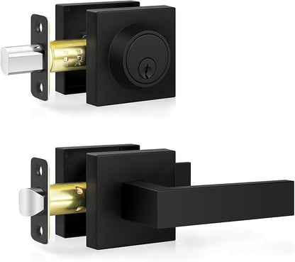 Estmoon Exterior Door Handle and Deadbolt Set, Passage Door Lever and Single Cylinder Deadbolt Lock Modern Square Entry Door Lock Set Flat Black Handleset for Entrance, Front, Office Doors, 1 Pack