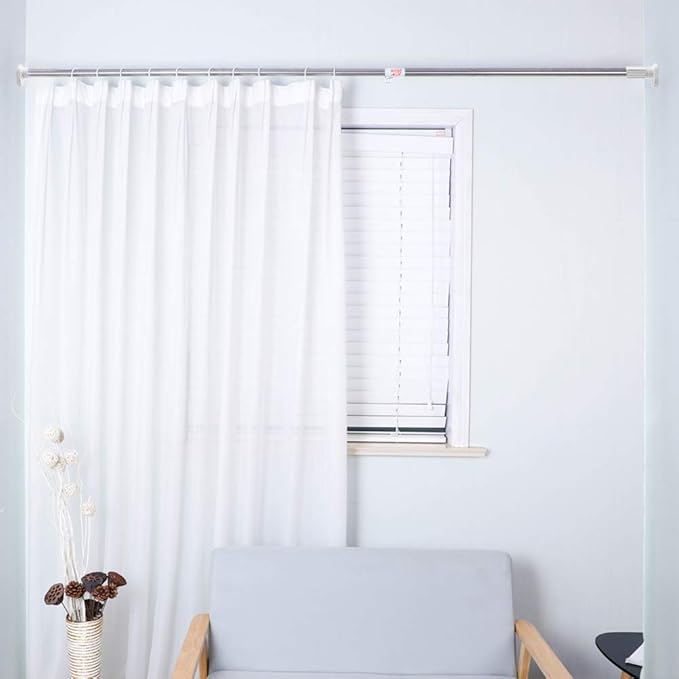 BAOYOUNI Adjustable Bathroom Shower Curtain Rod Straight Oval Head Window Curtain Tension Rail Bar Metal Pole Clothes Hanger Drying Rack (Ivory, 28-47 Inches)