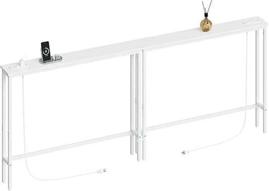 ELYKEN 2 Pack 5.9" Narrow Console Sofa Table with Power Outlets, Total 78.8” Long Behind Couch Table with Charge Station and 5.9’ Extension Cord for Living Room, 5.9" D x 78.8”W x 29.5”H, White