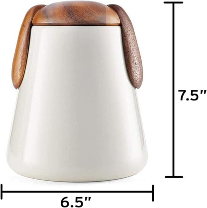 nambe Dog Treat Jar | Pet Food Storage Container | Puppy Ears Design | Made of Porcelain with Acacia Wood Lid | Measures 6.5 x 7.5 Inch | Designed by Karim Rashid
