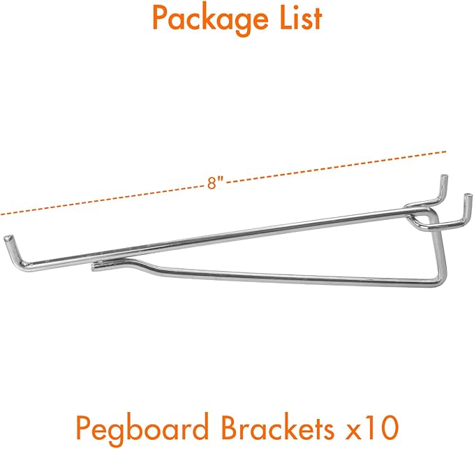 G.CORE Pegboard Shelf Hooks, 10-Pack 8" Silver Peg Board Brackets, 1/4" Peg Board Organizer Accessories, Peg Hooks Assortment Various Tools Storage Arrange System for Garage Craft Workshop Workbench