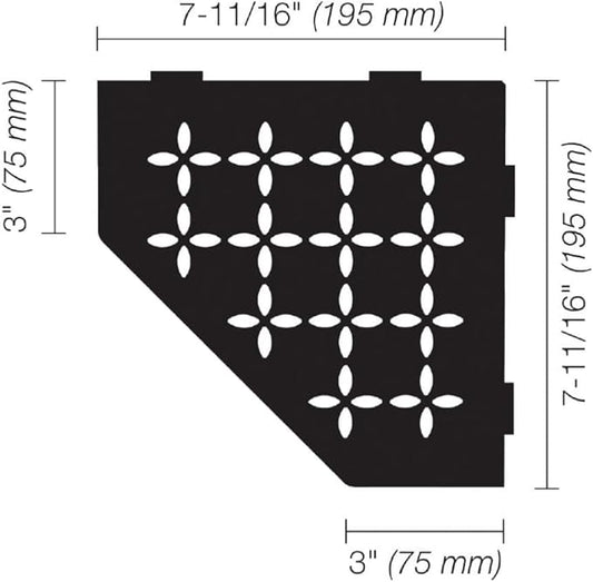 Schluter Pentagonal Corner Shelf for Tiled Walls - Floral Design, Aluminum Material, Matte Black Finish, 3/32" Thick Anchoring Tabs - SES2D5MGS