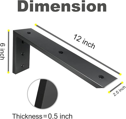 WINKER Countertop Support Bracket 3 Pack Heavy Duty 1/2" Thick Hidden L Shelf Bracket 12" x 6" x 2.5" Metal Corbels for Quartz/Granite/Wood/Concrete/Laminate Countertops, Black