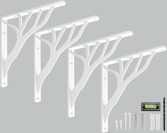 Rustic Tree White Heavy Duty Shelf Brackets 8 inch by Balin Designs, Decorative L Brackets, Iron Metal Floating Shelf Bracket, Wall Mount Shelving Bracket, Included Hardware, Set of 4