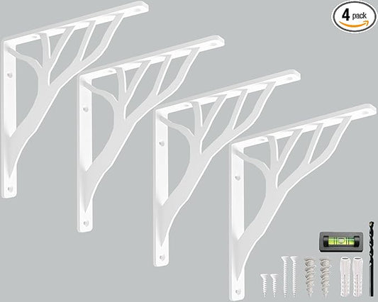 Rustic Tree White Heavy Duty Shelf Brackets 6 inch by Balin Designs, Decorative L Brackets, Iron Metal Floating Shelf Bracket, Wall Mount Shelving Bracket, Included Hardware, Set of 4