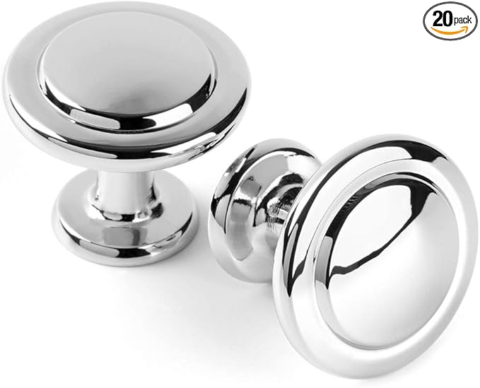 KOOFIZO Round Cabinet Knobs Polished Chrome Cabinet Pulls, Dia. 1-1/4 Inch, 20 Pack Chrome Drawer Knobs for Kitchen Cabinets 1960 Drawers Dresser Cupboard Bedroom Bathroom