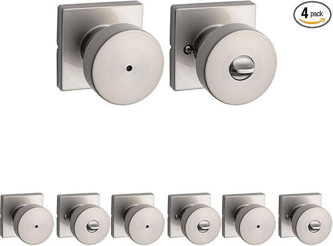 Kwikset Pismo Interior Privacy Door Knob with Lock,Door Handle for Bathroom and Bedroom,Satin Nickel Keyless Turn Lock Doorknob,with Microban Protection,(Pack of 4)