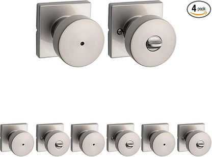 Kwikset Pismo Interior Privacy Door Knob with Lock,Door Handle for Bathroom and Bedroom,Satin Nickel Keyless Turn Lock Doorknob,with Microban Protection,(Pack of 4)