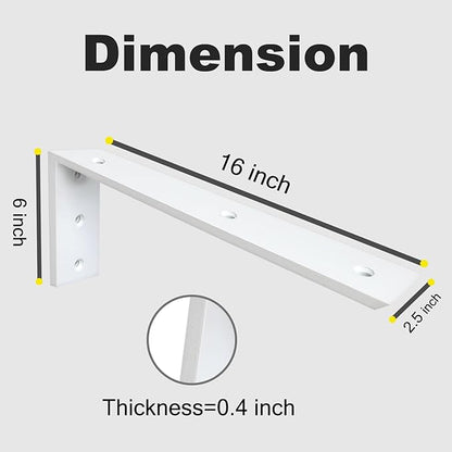 WINKER Countertop Support Bracket 4 Pack Heavy Duty 3/8" Thick Hidden L Shelf Bracket 16" x 6" x 2.5" Metal Corbels for Quartz/Granite/Wood/Concrete/Laminate Countertops, White