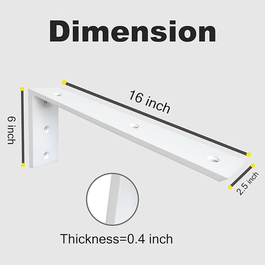 WINKER Countertop Support Bracket 4 Pack Heavy Duty 3/8" Thick Hidden L Shelf Bracket 16" x 6" x 2.5" Metal Corbels for Quartz/Granite/Wood/Concrete/Laminate Countertops, White
