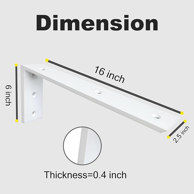WINKER Countertop Support Bracket 2 Pack Heavy Duty 3/8" Thick Hidden L Shelf Bracket 16" x 6" x 2.5" Metal Corbels for Quartz/Granite/Wood/Concrete/Laminate Countertops, White