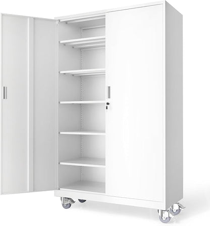 VINGLI Large Metal Storage Cabinet with 2 Doors and 5 Adjustable Shelves, Upgraded Height & Wide & Deep, 43''W x 20''D x 72''H, Oversized Garage Storage Cabinet with Wheels and Locks (White)