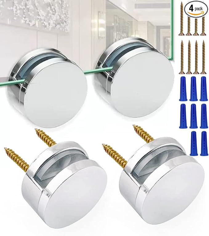 Upgraded 3-5mm Frameless Mirror Mounting Hardware 4 Pack Dual-Screw Fixing Mirror Mounting Kit with Heavy Duty Long Screws & Anchors