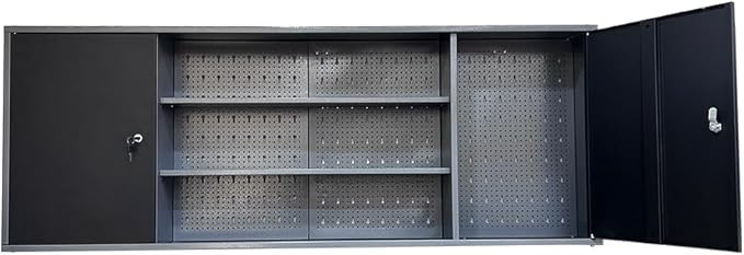 Large Wall Metal Tool Storage Cabinet with Lockable Doors and Removable Shelves for Garage Workshop Utility Room, Black & Grey