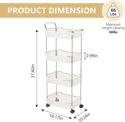4-Tier Acrylic Rolling Storage Cart, Rolling Utility Cart, Kitchen Storage Cart with Wheels for Bathroom,Living Room, Kithcen, Office Storage and Organization (14''X10''X37'')(Clear)