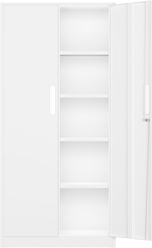 Bonusall 72" Metal Garage Storage Cabinet, 2 Locking Doors & 4 Adjustable Shelves Tall Storage, Heavy Duty Steel Tool Cabinet for Home, Office, Warehouse, School - White