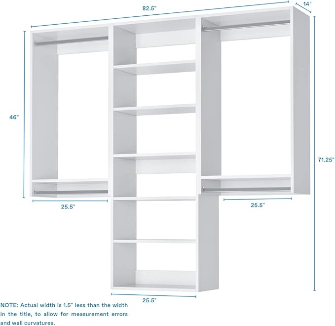 Modular Closets Vista Collection Closet Organizer System - 3 Piece Wall Mounted Kit with Hanging Rods & Shelves, White, Fits Closets 84” or wider.