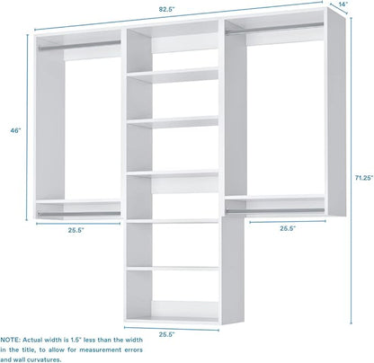 Modular Closets Vista Collection Closet Organizer System - 3 Piece Wall Mounted Kit with Hanging Rods & Shelves, White, Fits Closets 84” or wider.