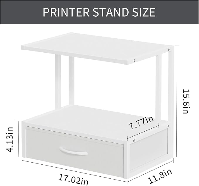 Printer Stand with Storage for Desk, with Fabric Drawer Desktop Printer Stand Shelf Organzier for Home Office, for Above and Under Desk Printer Table, Fax Machine Copier Scanner, White