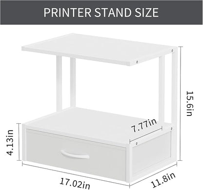 Printer Stand with Storage for Desk, with Fabric Drawer Desktop Printer Stand Shelf Organzier for Home Office, for Above and Under Desk Printer Table, Fax Machine Copier Scanner, White