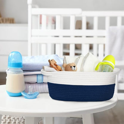 Woven Cotton Rope Gift Basket, Small Baskets for Gifts Empty, Cute Baby Nursery Basket, Pet Toy Storage Bin for Dog Cat, Decorative Wicker Home Organizer with Handles, 12"x 8"x 5", Blue